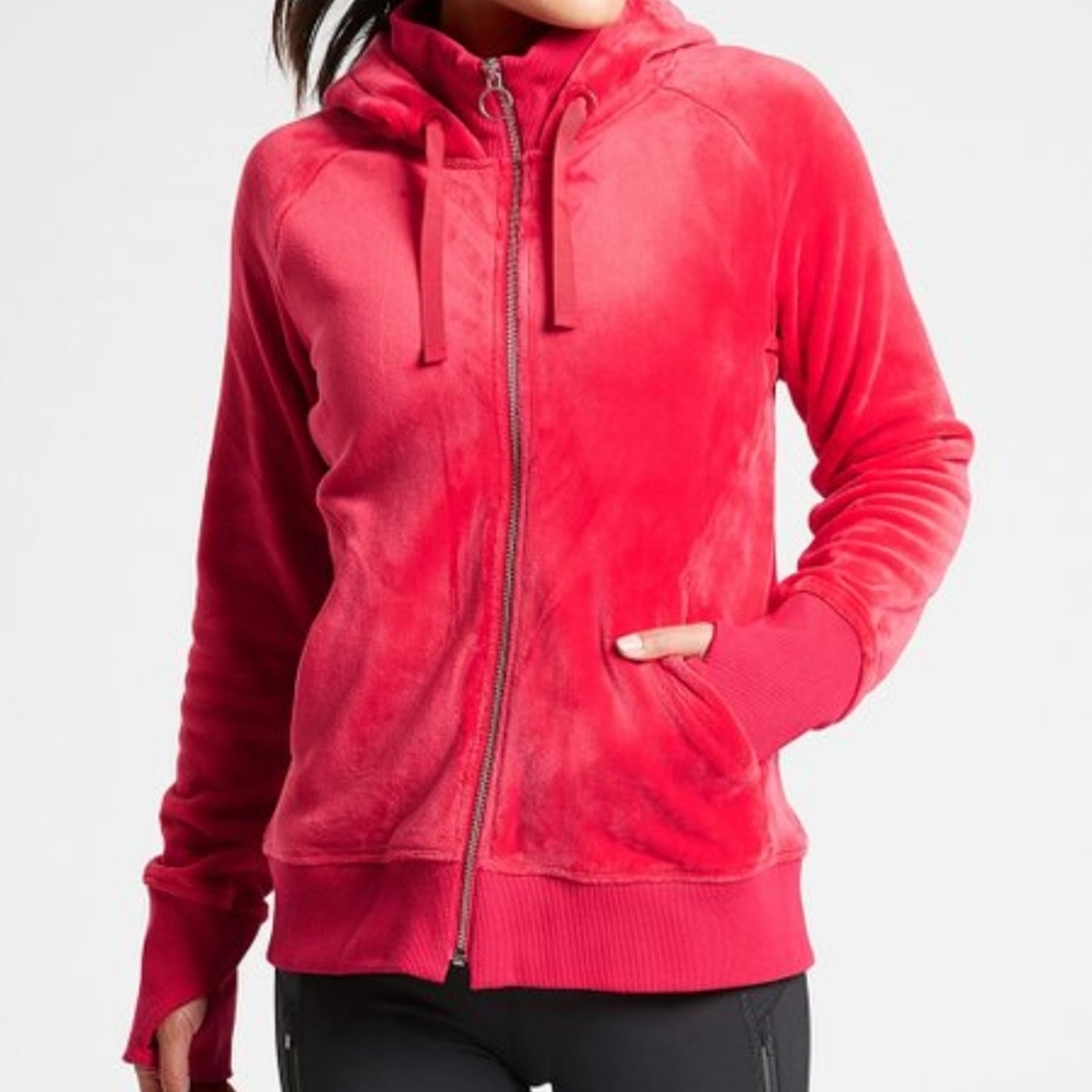 Athleta Triumph Hoodie in Double Cozy Karma hibiscus red